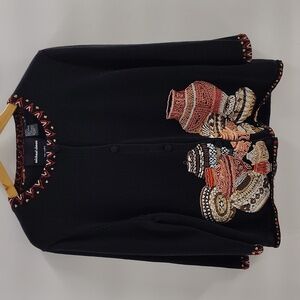 Michael Simon Beaded Cardigan Size XL Black 3/4 Sleeve Pottery Theme Vintage